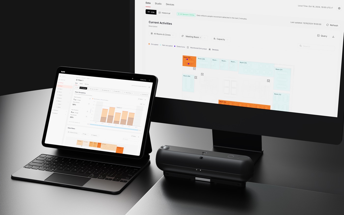 Butlr sensing platform on a desktop and tablet with a Butlr device